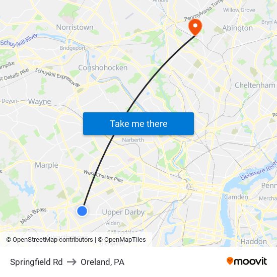 Springfield Rd to Oreland, PA map