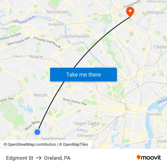 Edgmont St to Oreland, PA map