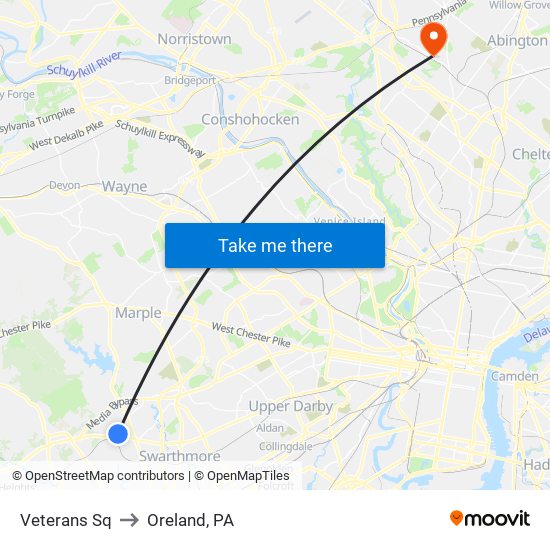 Veterans Sq to Oreland, PA map