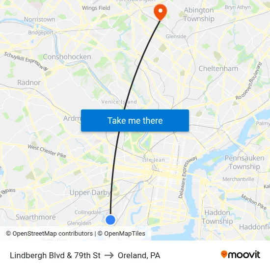 Lindbergh Blvd & 79th St to Oreland, PA map