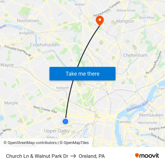 Church Ln & Walnut Park Dr to Oreland, PA map