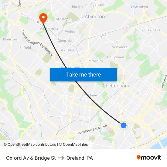 Oxford Av & Bridge St to Oreland, PA map