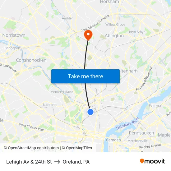 Lehigh Av & 24th St to Oreland, PA map