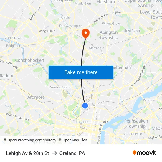 Lehigh Av & 28th St to Oreland, PA map