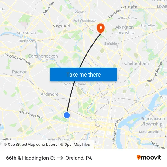 66th & Haddington St to Oreland, PA map