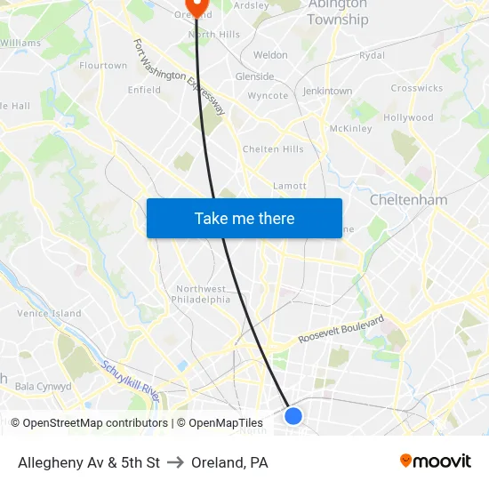 Allegheny Av & 5th St to Oreland, PA map