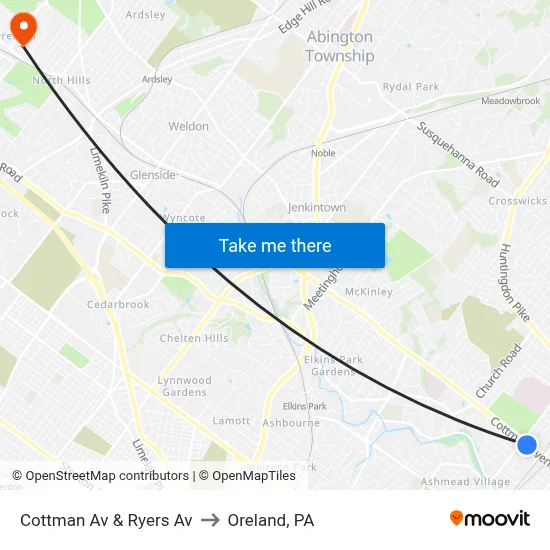 Cottman Av & Ryers Av to Oreland, PA map