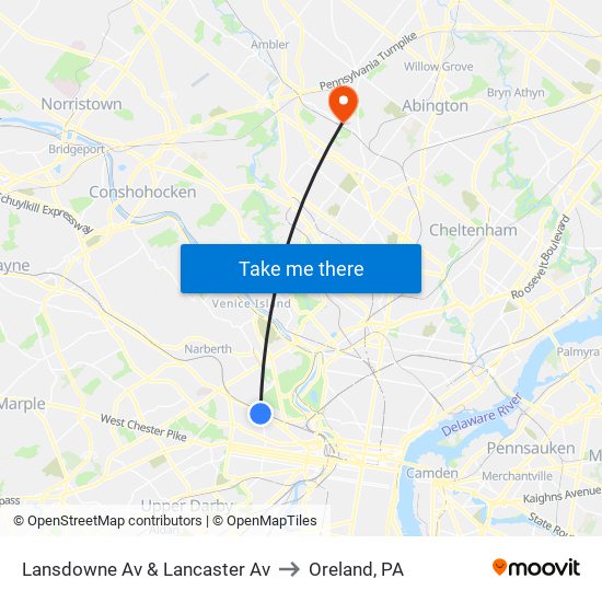 Lansdowne Av & Lancaster Av to Oreland, PA map