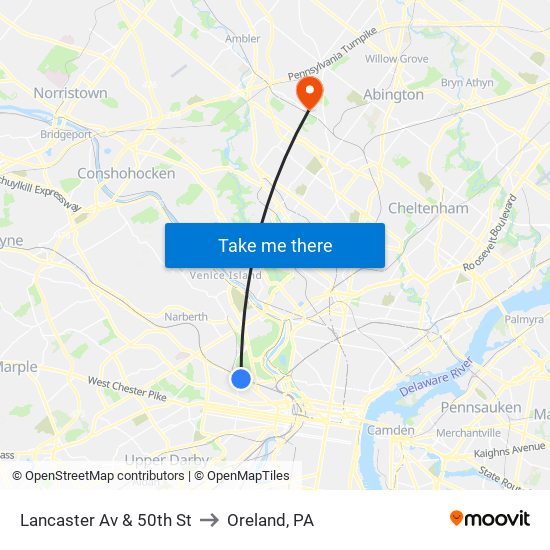 Lancaster Av & 50th St to Oreland, PA map