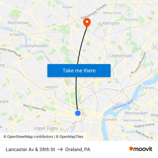 Lancaster Av & 38th St to Oreland, PA map