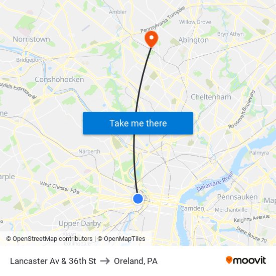 Lancaster Av & 36th St to Oreland, PA map