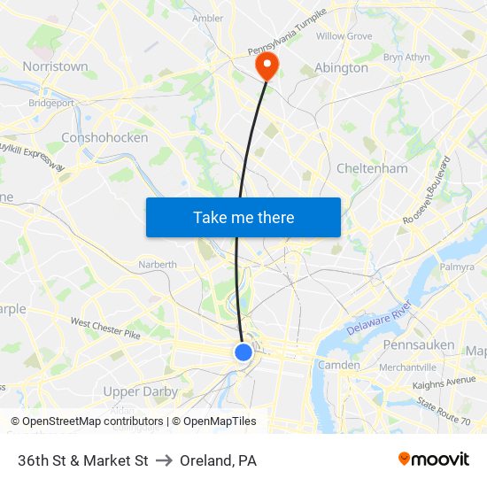 36th St & Market St to Oreland, PA map