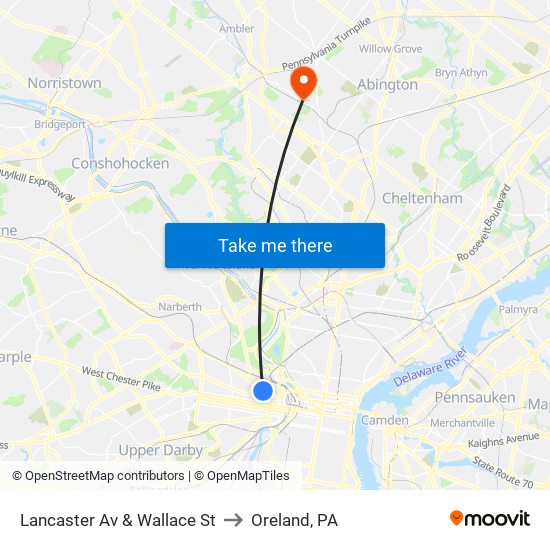 Lancaster Av & Wallace St to Oreland, PA map