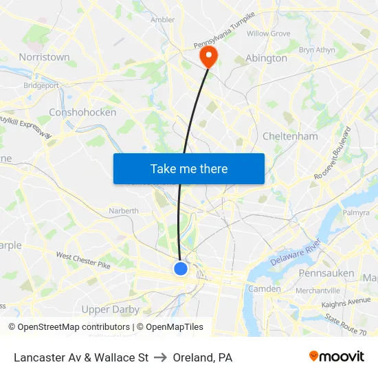 Lancaster Av & Wallace St to Oreland, PA map