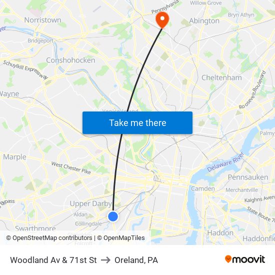 Woodland Av & 71st St to Oreland, PA map