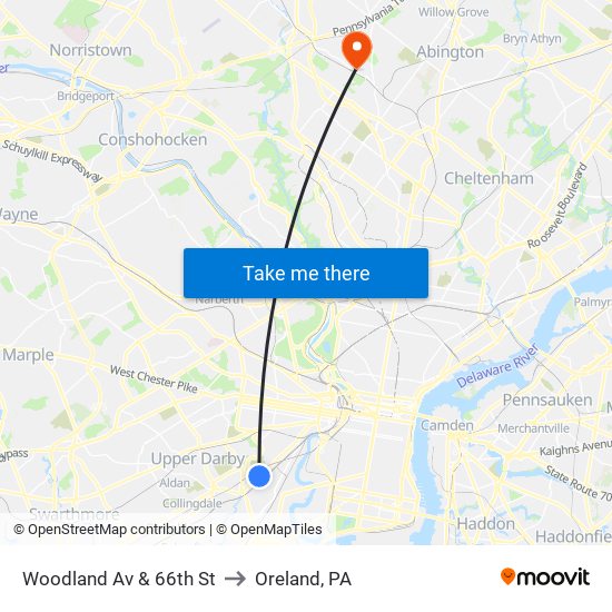 Woodland Av & 66th St to Oreland, PA map
