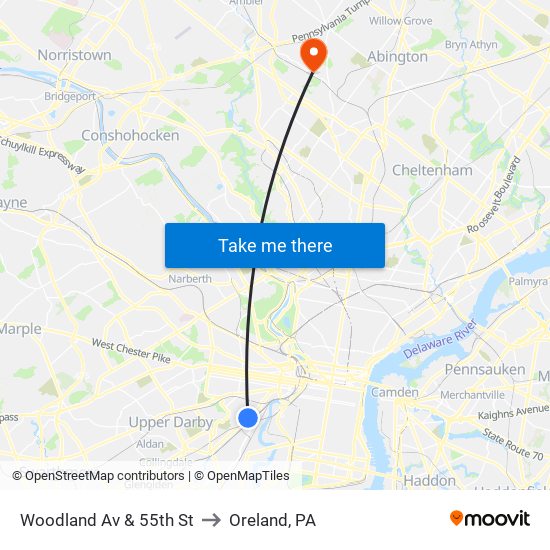 Woodland Av & 55th St to Oreland, PA map