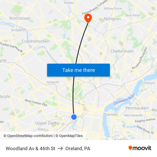 Woodland Av & 46th St to Oreland, PA map