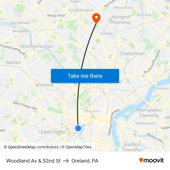 Woodland Av & 52nd St to Oreland, PA map