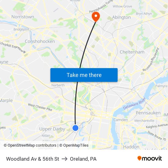 Woodland Av & 56th St to Oreland, PA map