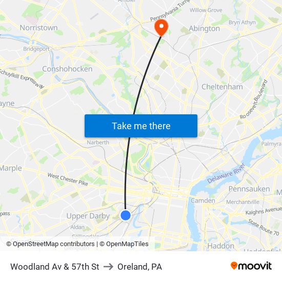 Woodland Av & 57th St to Oreland, PA map