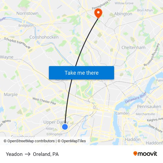 Yeadon to Oreland, PA map