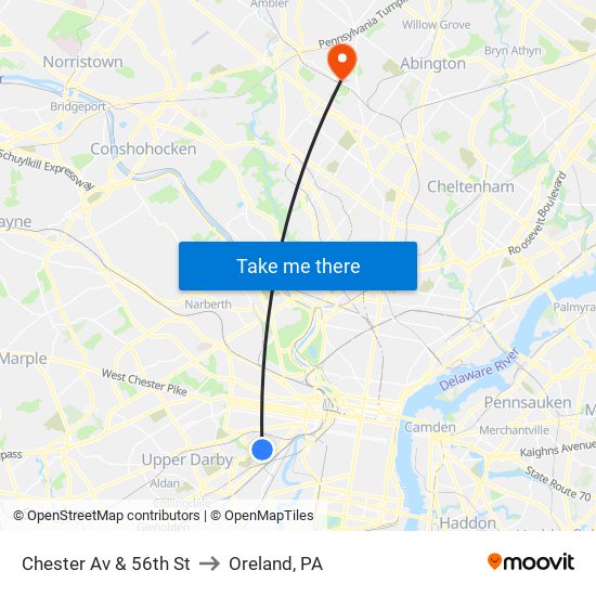 Chester Av & 56th St to Oreland, PA map