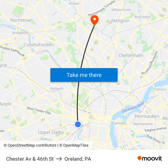 Chester Av & 46th St to Oreland, PA map