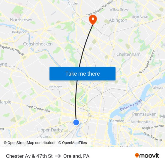 Chester Av & 47th St to Oreland, PA map
