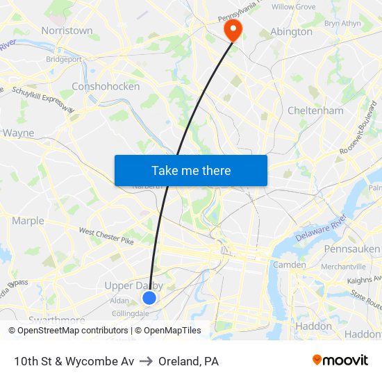 10th St & Wycombe Av to Oreland, PA map