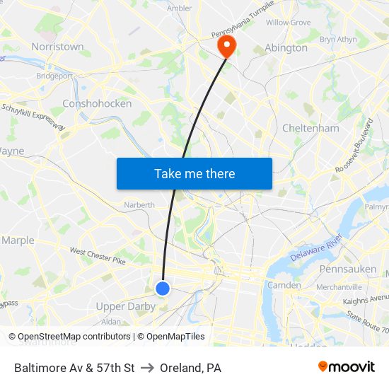Baltimore Av & 57th St to Oreland, PA map