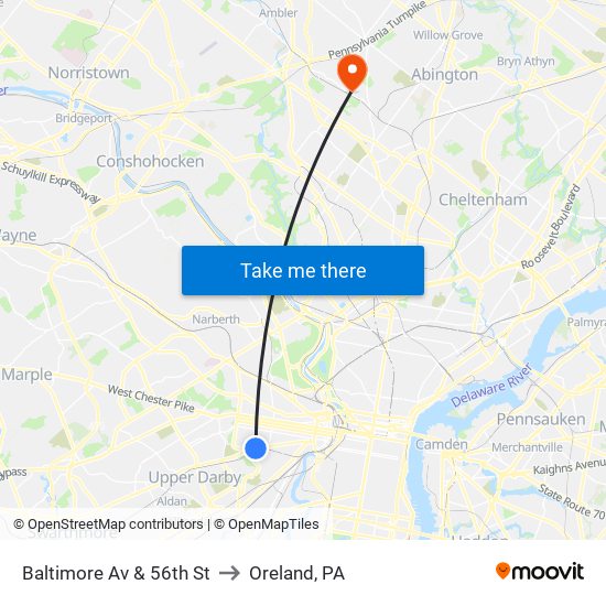 Baltimore Av & 56th St to Oreland, PA map