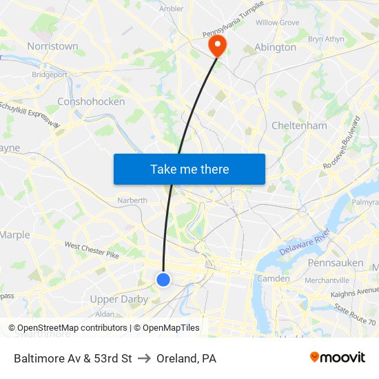 Baltimore Av & 53rd St to Oreland, PA map