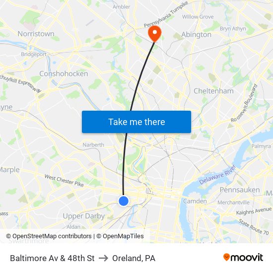 Baltimore Av & 48th St to Oreland, PA map
