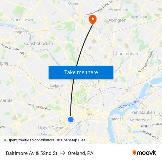 Baltimore Av & 52nd St to Oreland, PA map