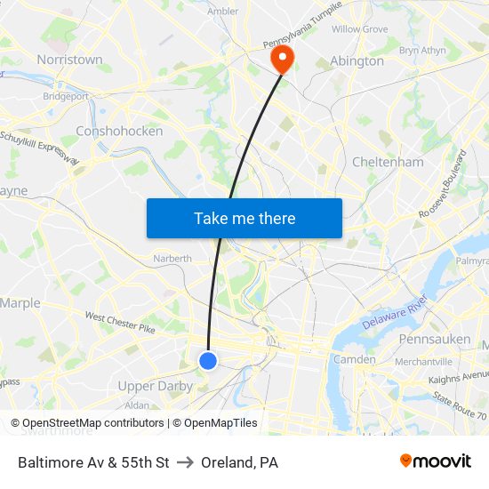 Baltimore Av & 55th St to Oreland, PA map