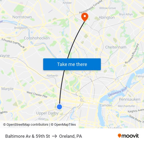 Baltimore Av & 59th St to Oreland, PA map