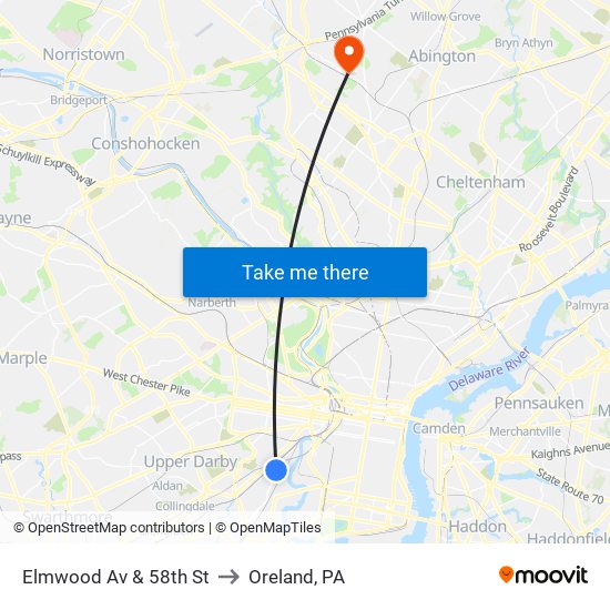 Elmwood Av & 58th St to Oreland, PA map