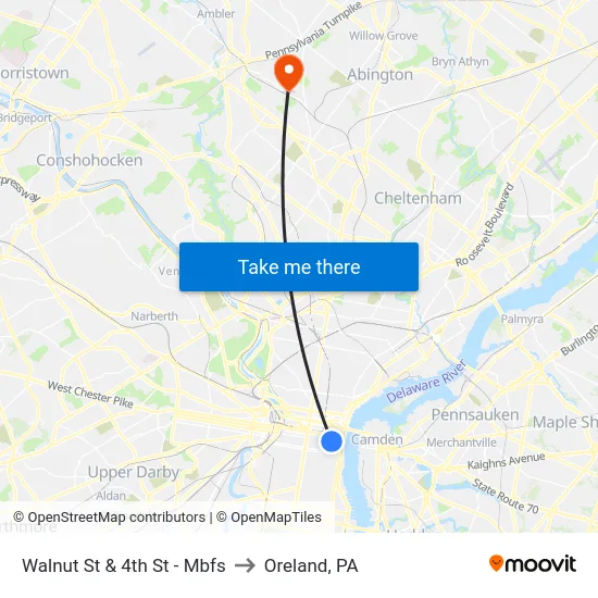 Walnut St & 4th St - Mbfs to Oreland, PA map