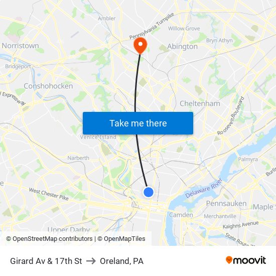 Girard Av & 17th St to Oreland, PA map