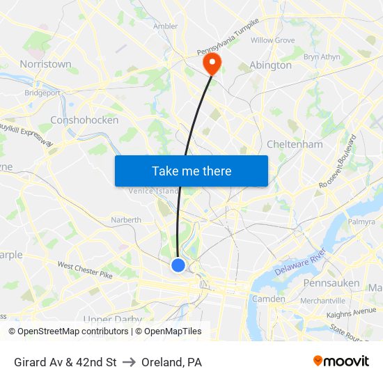 Girard Av & 42nd St to Oreland, PA map