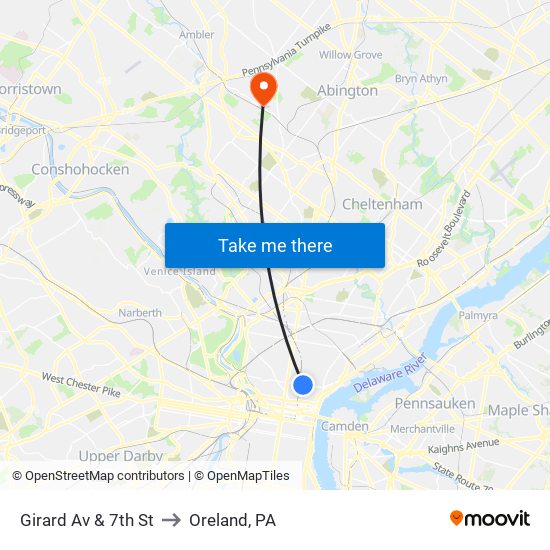 Girard Av & 7th St to Oreland, PA map