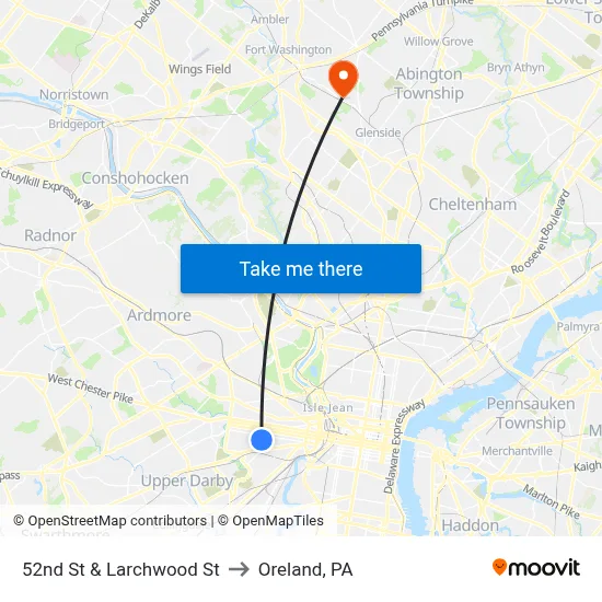 52nd St & Larchwood St to Oreland, PA map