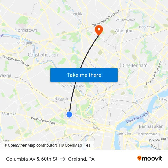Columbia Av & 60th St to Oreland, PA map