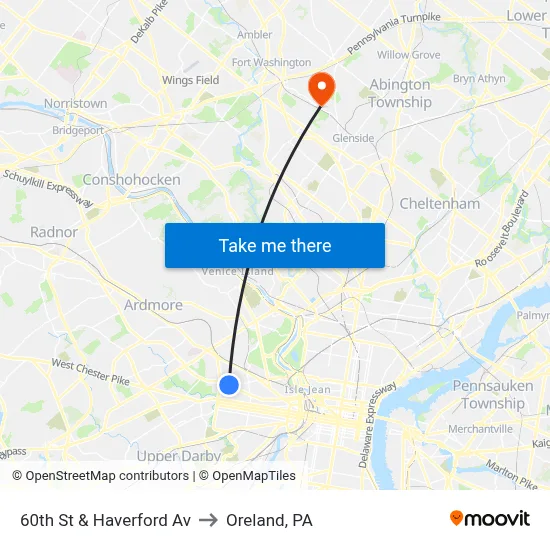 60th St & Haverford Av to Oreland, PA map