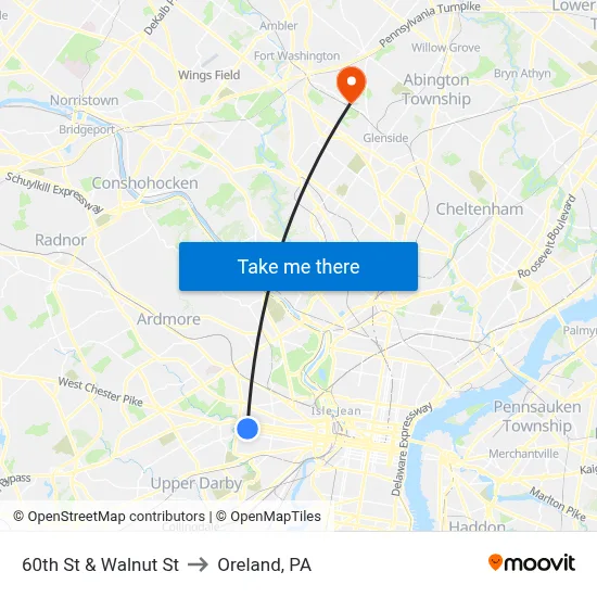 60th St & Walnut St to Oreland, PA map