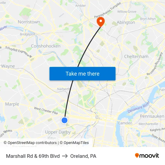 Marshall Rd & 69th Blvd to Oreland, PA map