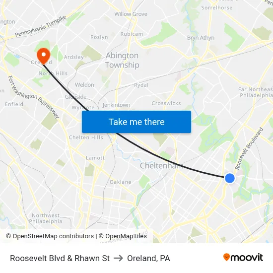 Roosevelt Blvd & Rhawn St to Oreland, PA map