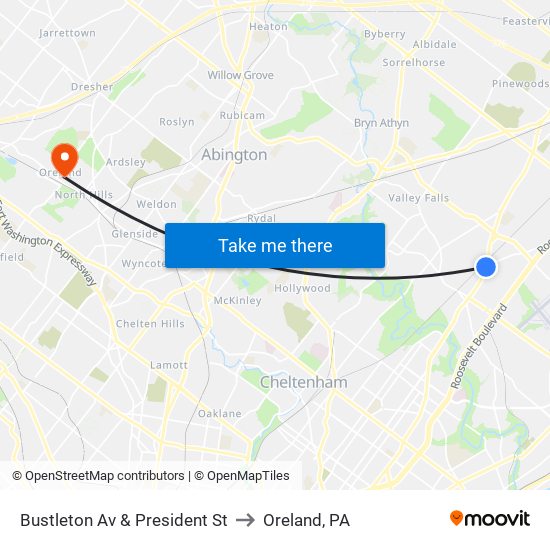 Bustleton Av & President St to Oreland, PA map