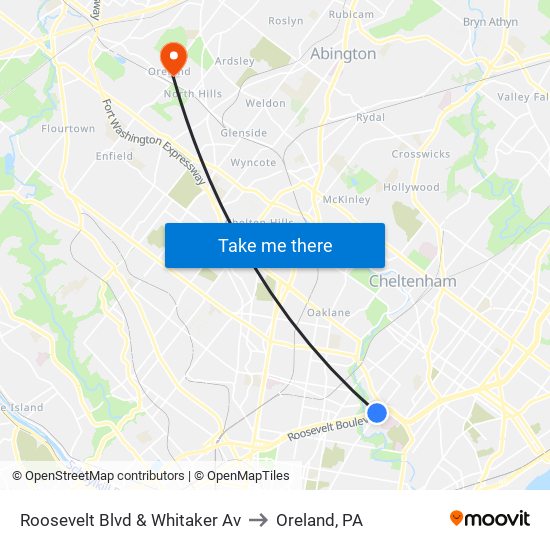 Roosevelt Blvd & Whitaker Av to Oreland, PA map